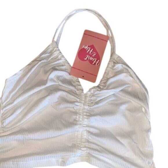 Heart & Hips White Ribbed Ruched Halter Crop Top L 86% Polyester 4% Spandex - Picture 1 of 7